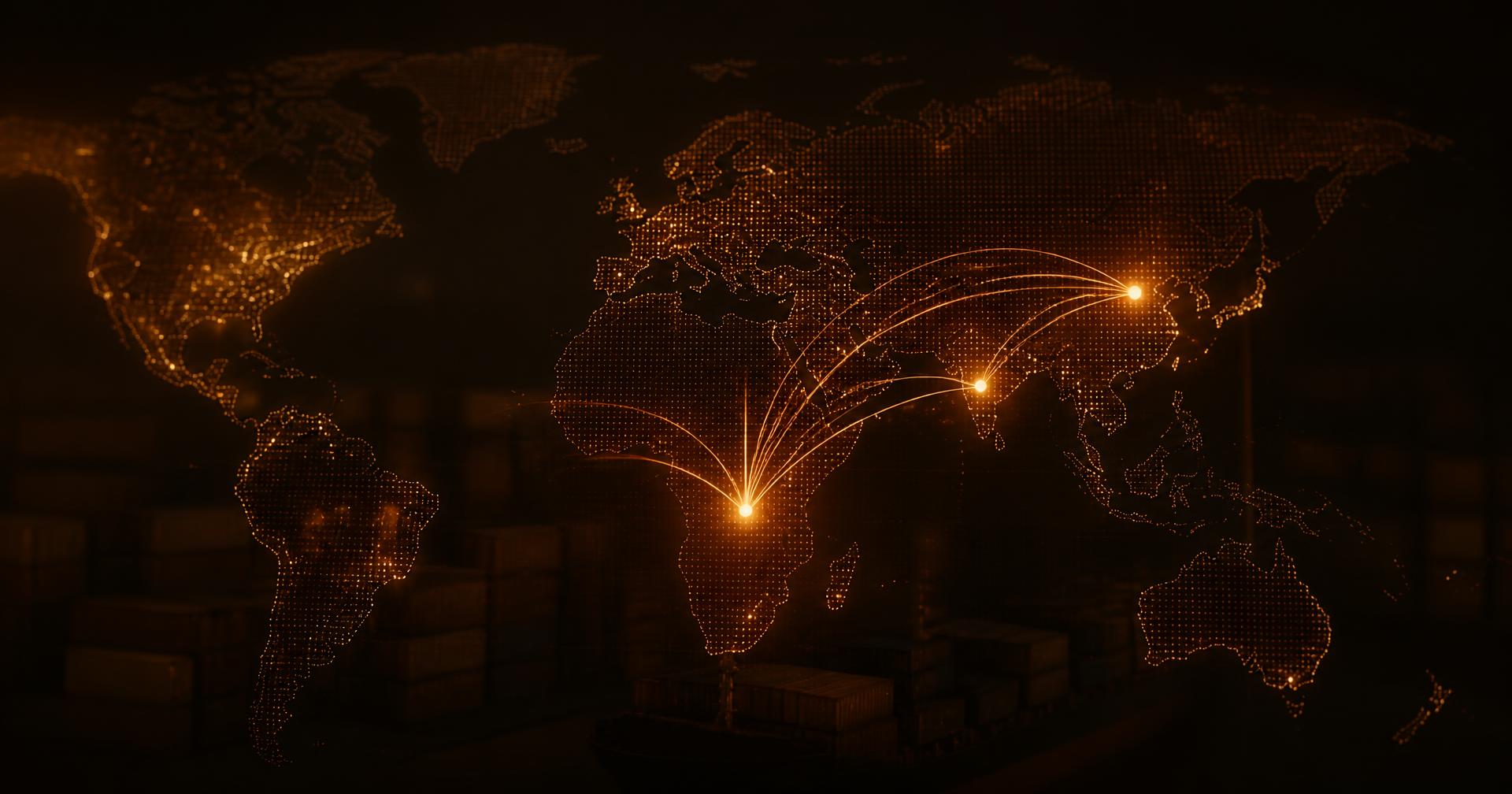 Glowing world map showing export routes from Africa to China and India